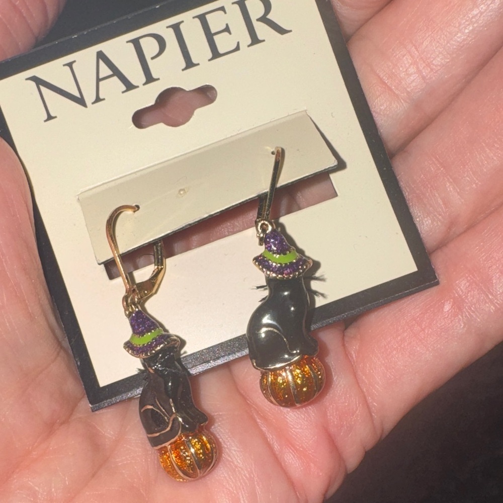 Napier Black Cat Earrings with Orange Pumpkin and Purple Hat - Picture 3 of 3